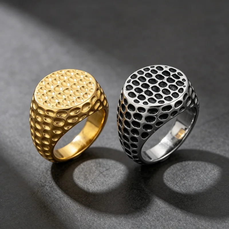 Kalen Punk Domed Hammered Texture Thumb Ring Vintage Blackened Wide Meteorite Pattern Stainless Steel Men's Ring