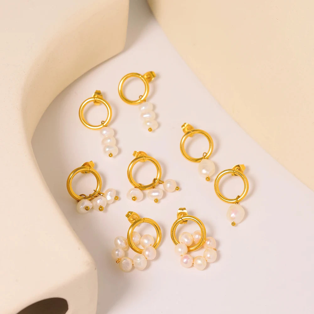 Hypoallergenic Stainless Steel 18K Gold Plated Earrings Freshwater Pearls Baroque Knot Dangling Hoop Earrings for Girls