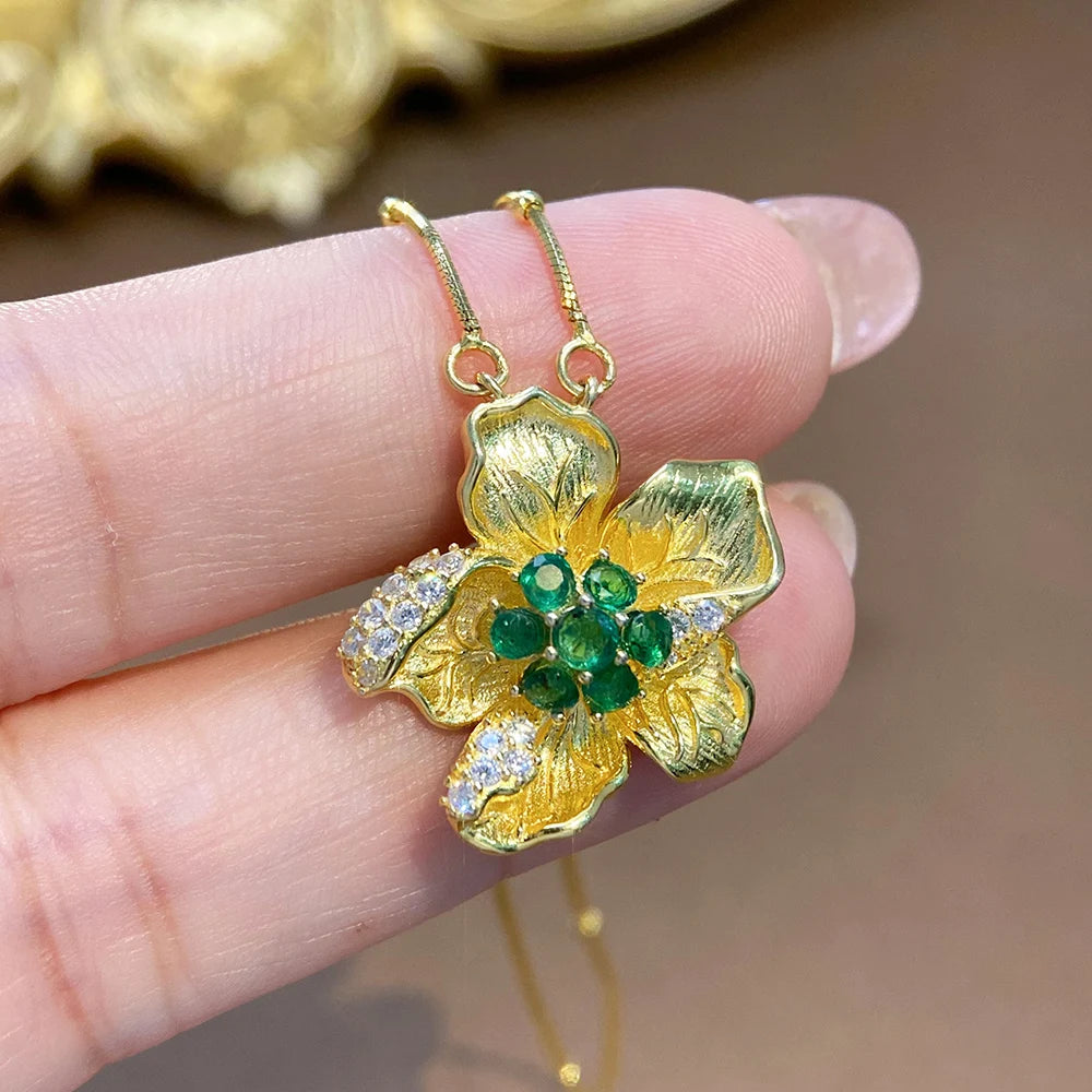 Gioiellieri Vintage 925 Sterling Silver Oval Cut Emerald Pendant Necklace Gold Plated Classic Style Party & Wedding Jewelry