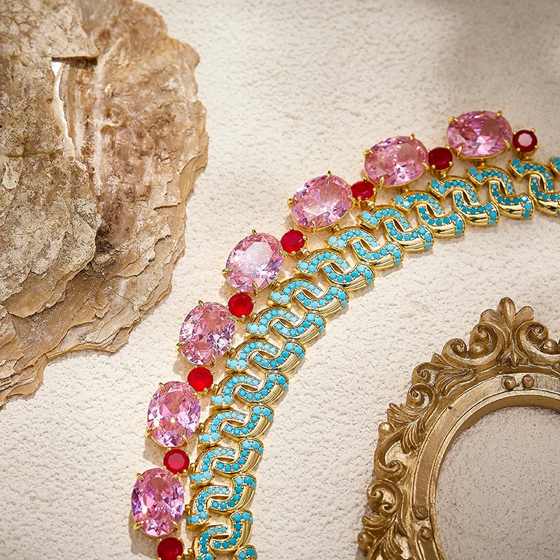 New Pink Blue S-shaped Necklace Earrings Gold Plated Elliptical Colourful Zirconia Elegant Bridal Engagement Dress Set