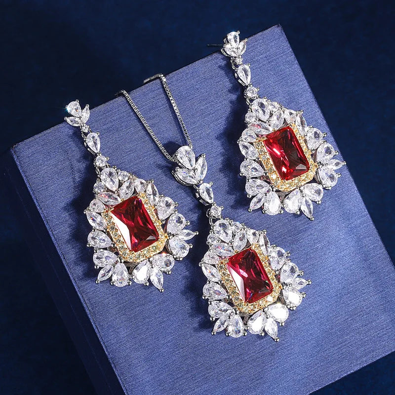Gemfiori New Popular European and American Flower Shaped Pendant Earrings Set with Pomegranate Red Princess square Zircon Inlay