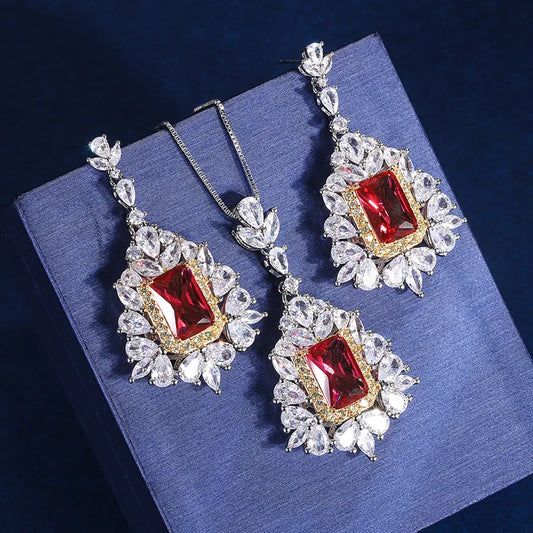 Gemfiori New Popular European and American Flower Shaped Pendant Earrings Set with Pomegranate Red Princess square Zircon Inlay