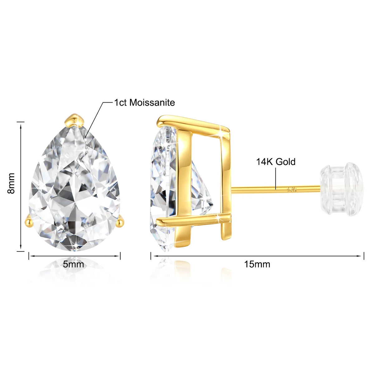 Gioiellieri Luxury Fine Jewellery Gift Christmas Engagement Woman Real 14K Gold Hollow 1ct 2 Carat Pear Cut Moissanite Gold Stud Earrings