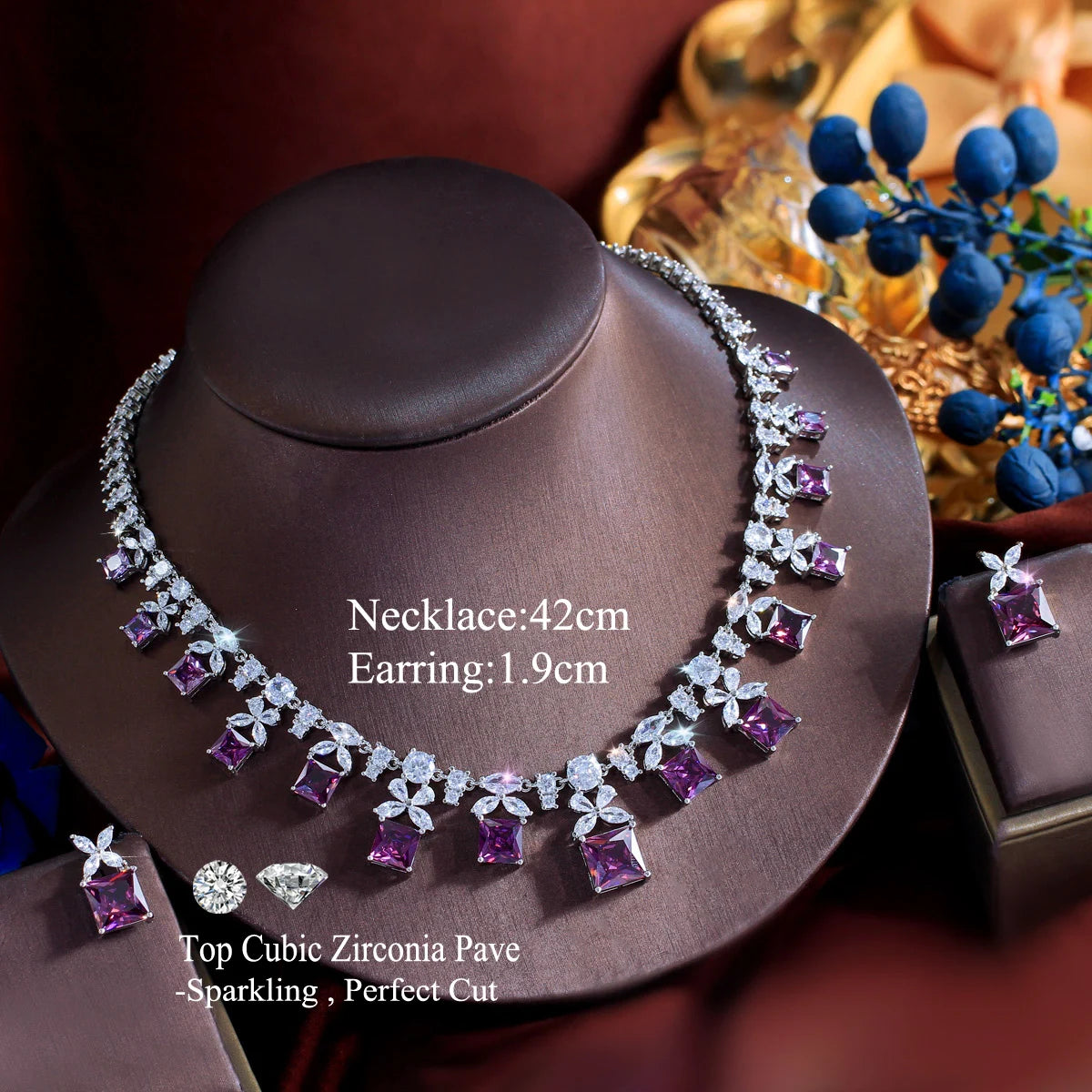 Wholesale Luxurious Designs Square Cubic Zircon Bridal Purple Jewelry Set for Women Anniversary Wedding Party Dress Accessories