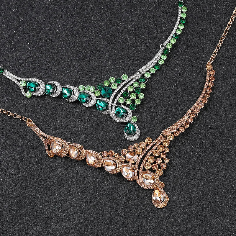 Retro Luxury Crystal Necklace & Earrings Jewellery Set | Rhodium & Gold Plated Banquet Fashion Set