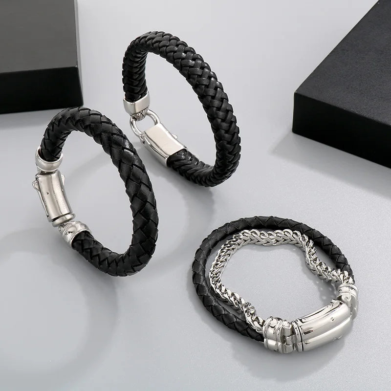 KALEN Trendy Braided Black Cowhide Leather and  Stainless Steel Bracelet Men Double Chain