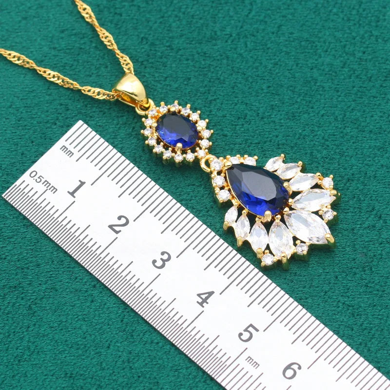 XOTICA Yellow Gold Plated Jewelry Set Women Wedding Sapphire Water Drop Trendy Blue White Crystal Claw Setting Bracelet Earrings
