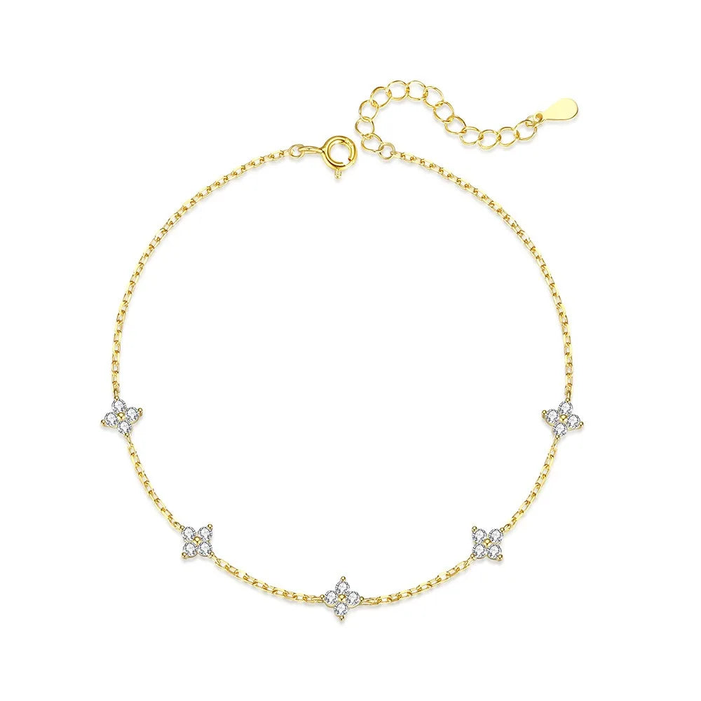 Tarnish Free Fashion 925 Sterling Silver Clovers Flower Anklet for Women Cubic Zirconia Leg Chain Link Lucky Jewelry Gifts