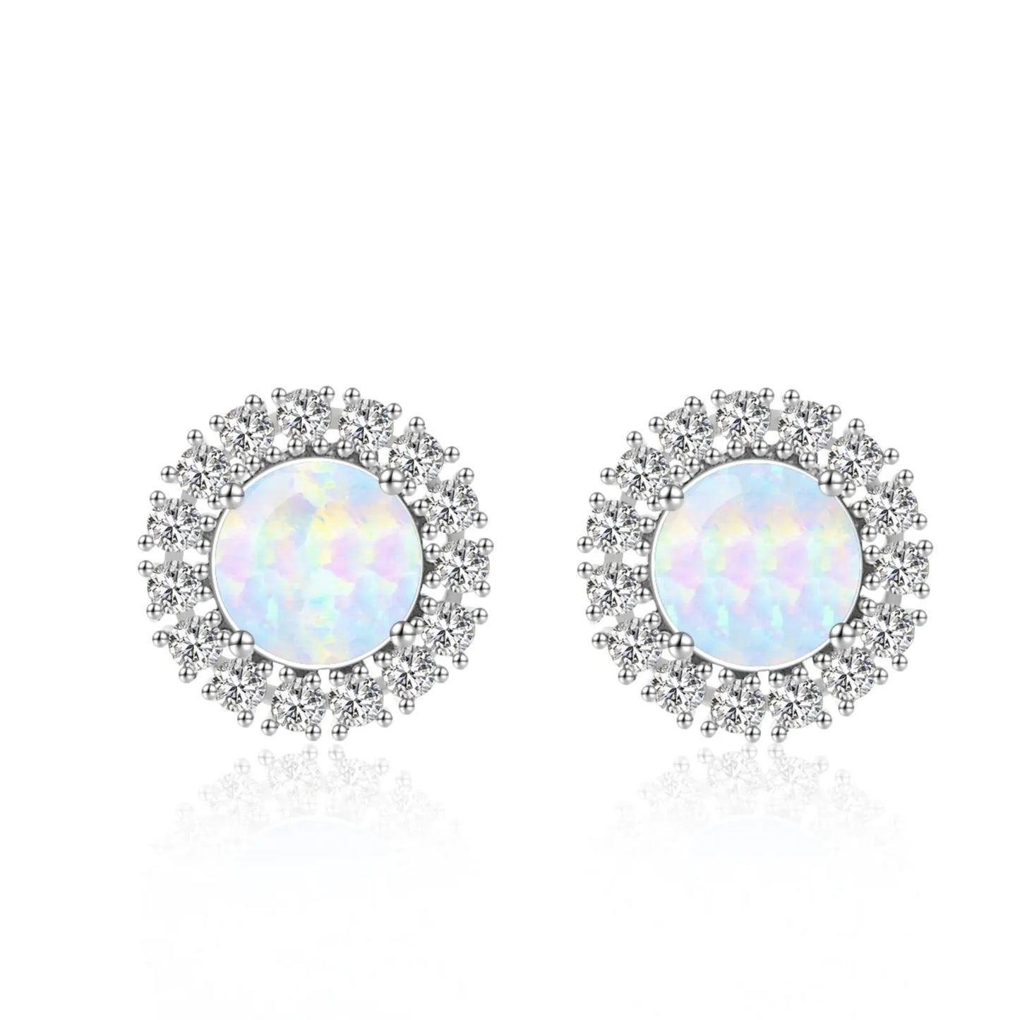 Shimmering Blue Opal Circle Earrings Aobao Surround Silver Tone Dainty Jewelry
