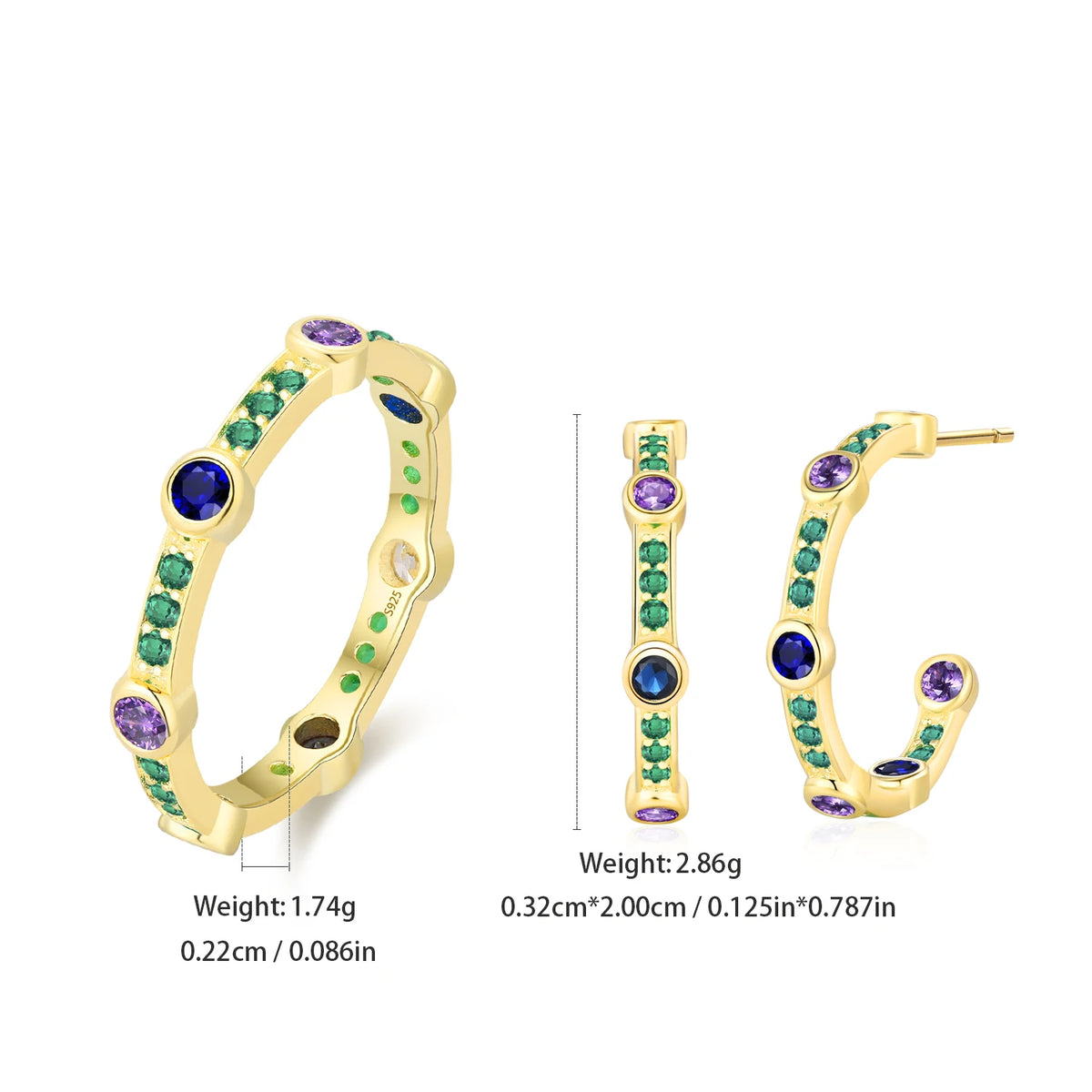 S&S Colourful Zircon Semi-Circular Ring & Earrings Set | 925 Silver Rhodium Plated | S&S Collection