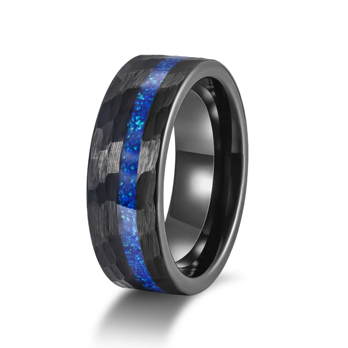 OAHLAN Fashion Jewelry 8mm Blue Opal Inlaid Hammered Pattern Anti Rust Tungsten Carbide Rings for Men Engagement Anniversary