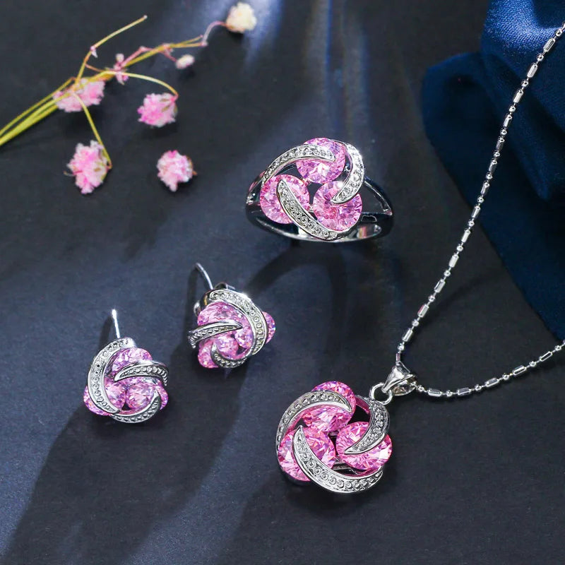 3pcs Geometric Multi Color Cubic Zirconia Crystal Cute Pendant Chian Necklace Earring and Finger Rings Jewelry Sets for Female