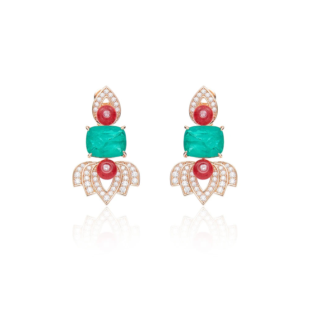 Enamel Craft Women's Two-piece Brass Necklace Earrings Inlaid with Colorful Leaves Design  Not Easily Oxidized  Perfect Zircon