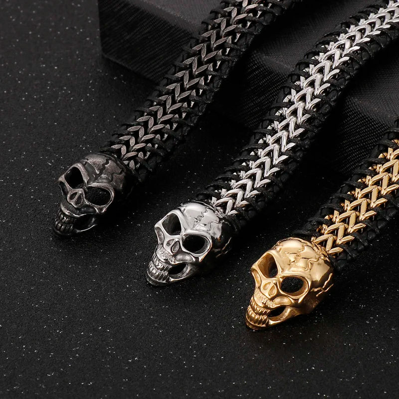 KALEN Punk Skull Fashion Jewelry Bracelets Stainless Steel Cowhide Leather Bracelet Bangle
