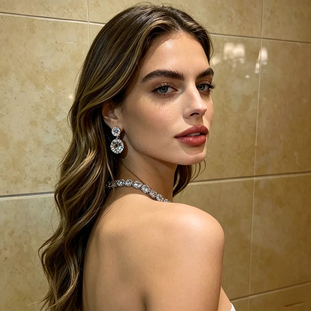 XM S415 Silver Plated Large Round CZ Tennis Choker Necklace & Two-Stone Drop Earrings Set