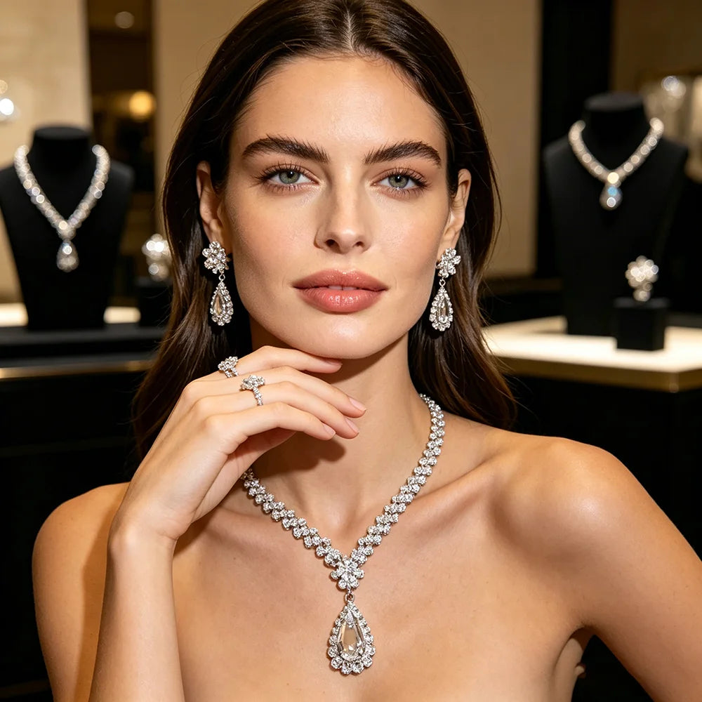 XM S388 Silver Plated Marquise Zircon Halo Teardrop Pendant Necklace & Drop Earrings Set