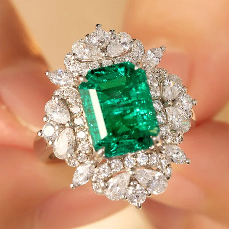 Gemfiori Vintage Jewelry Ring Lab Grown Emerald Rings Solid Gold 14K 18K Statement Rings Charm Christmas Gift Diamonds