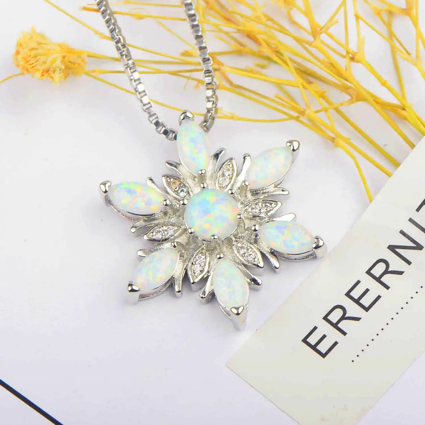 White Fire Opal Lab Created Marquise Stone Pendant Cute Snowflake Design Women's Trendy Silver Copper Box Chain Necklace Wedding