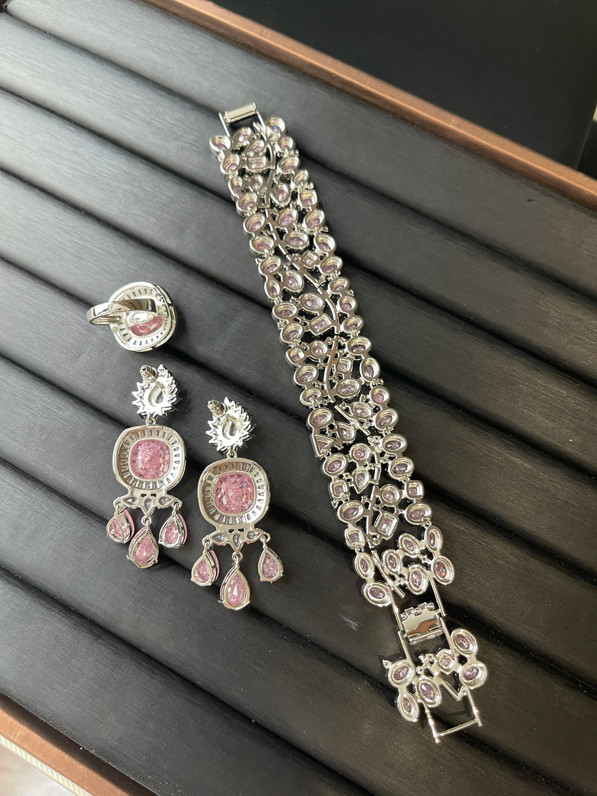 XOTICA TIANSHE Pink Zircon Jewelry 3Pcs Set Heavy Wide Link Bracelet Tassel Drop Earrings &Ring for Women