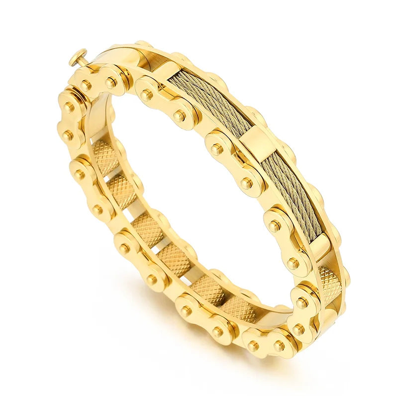 KALEN Casual Gold/Silver/Black Stainless Steel Biker Chain Open Bangle Bracelet