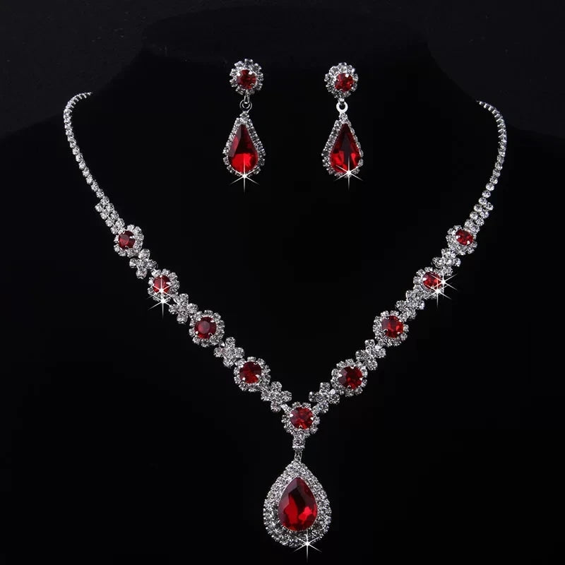 XM S376 Silver Plated Princess Cut Zircon Floral Teardrop Pendant Necklace & Drop Earrings Set