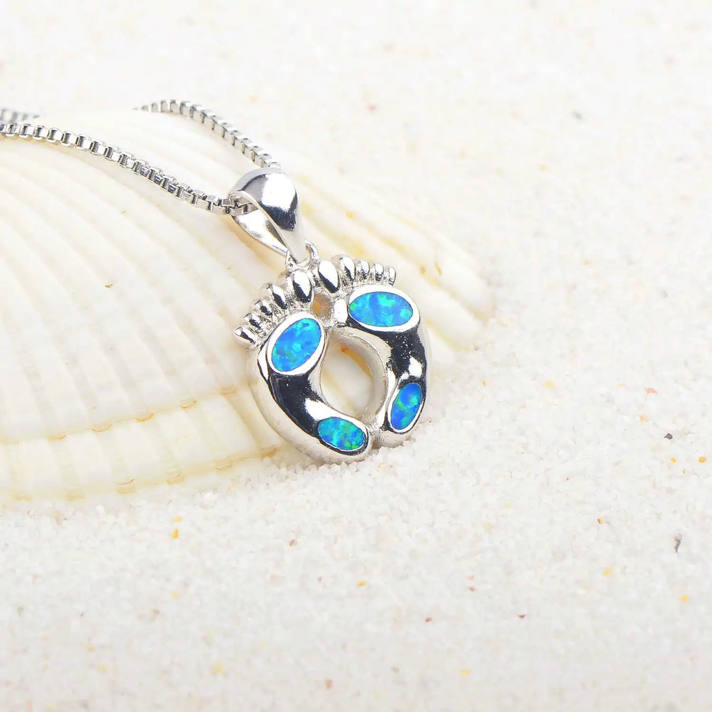 New Arrival Blue Opal Footprint Necklace - Dainty Beach-Inspired Pendant for Women Sweater Chain