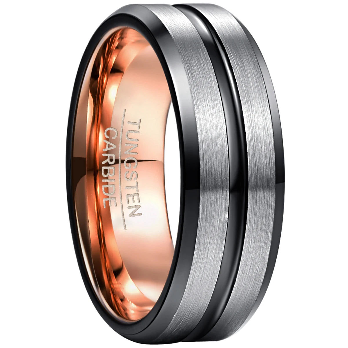 Wholesale 8mm Width Chamfer Plated Rose Golden Black Middle groove Men's Tungsten Ring Jewelry