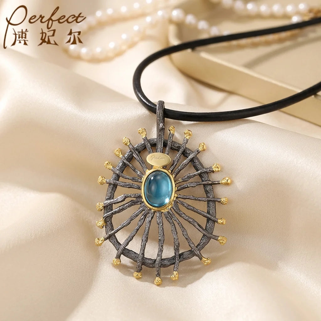 18K Gold Plated Black Rhodium Blue Topaz 925 Sterling Silver Classic Women's Pendant Jewelry Set for Party & Daily Wear