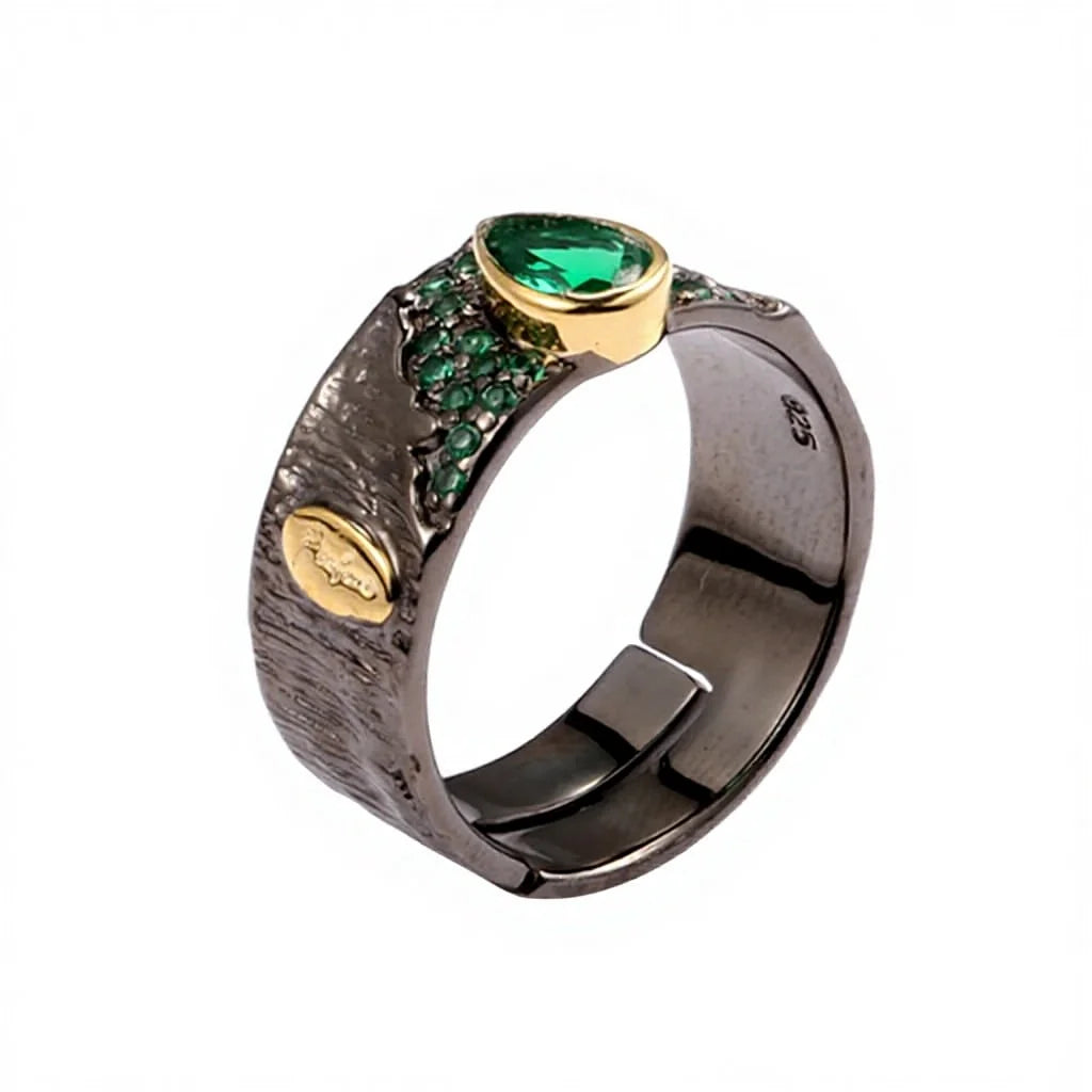 Thailand Design Green Spinel 925 Sterling Silver Ring with Black Gold Plated for Women