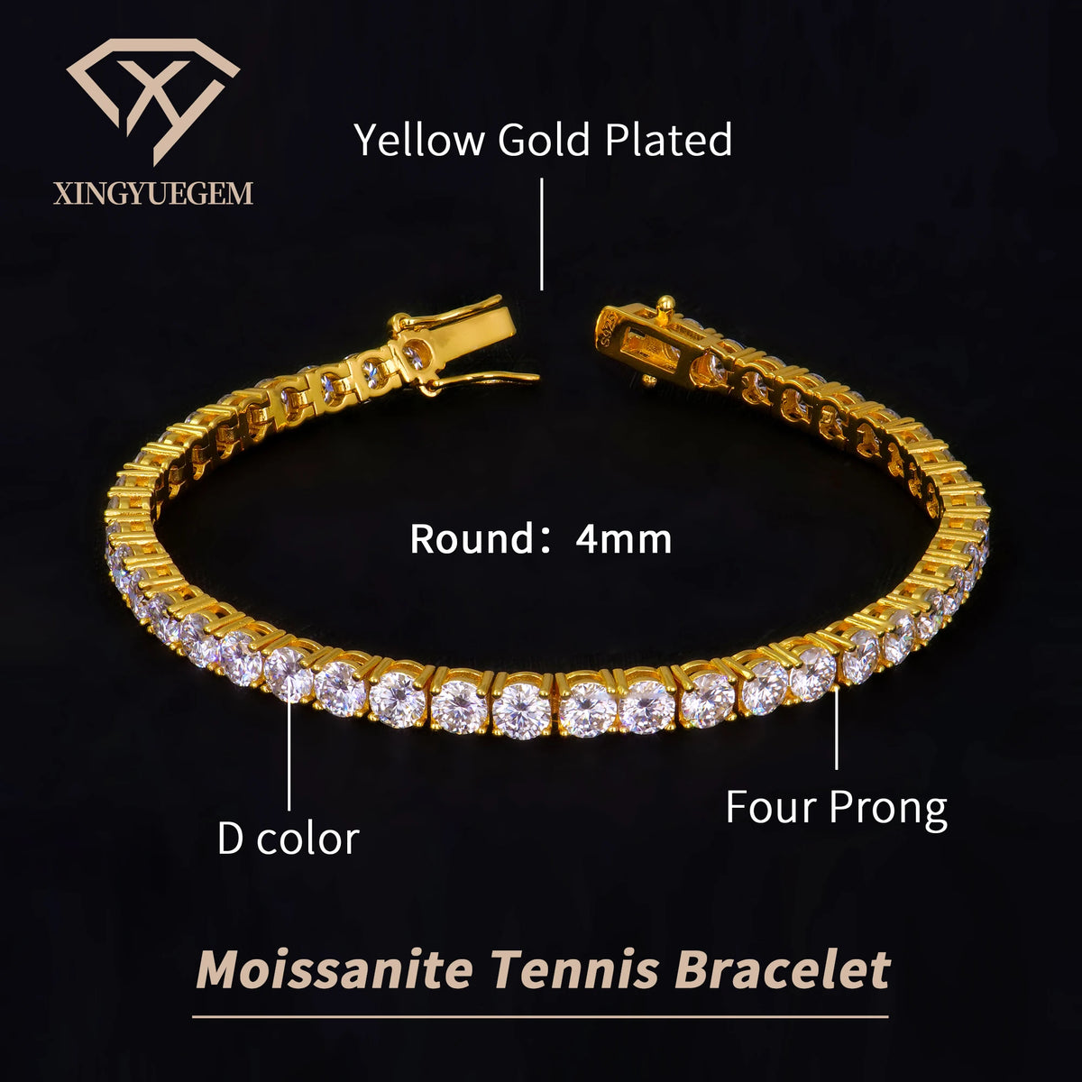 ArtistA Men Women Hip Hop Gra Certified Sterling 925 Silver Yellow Gold Plated Claw Setting Moissanite Tennis Chain Bracelet