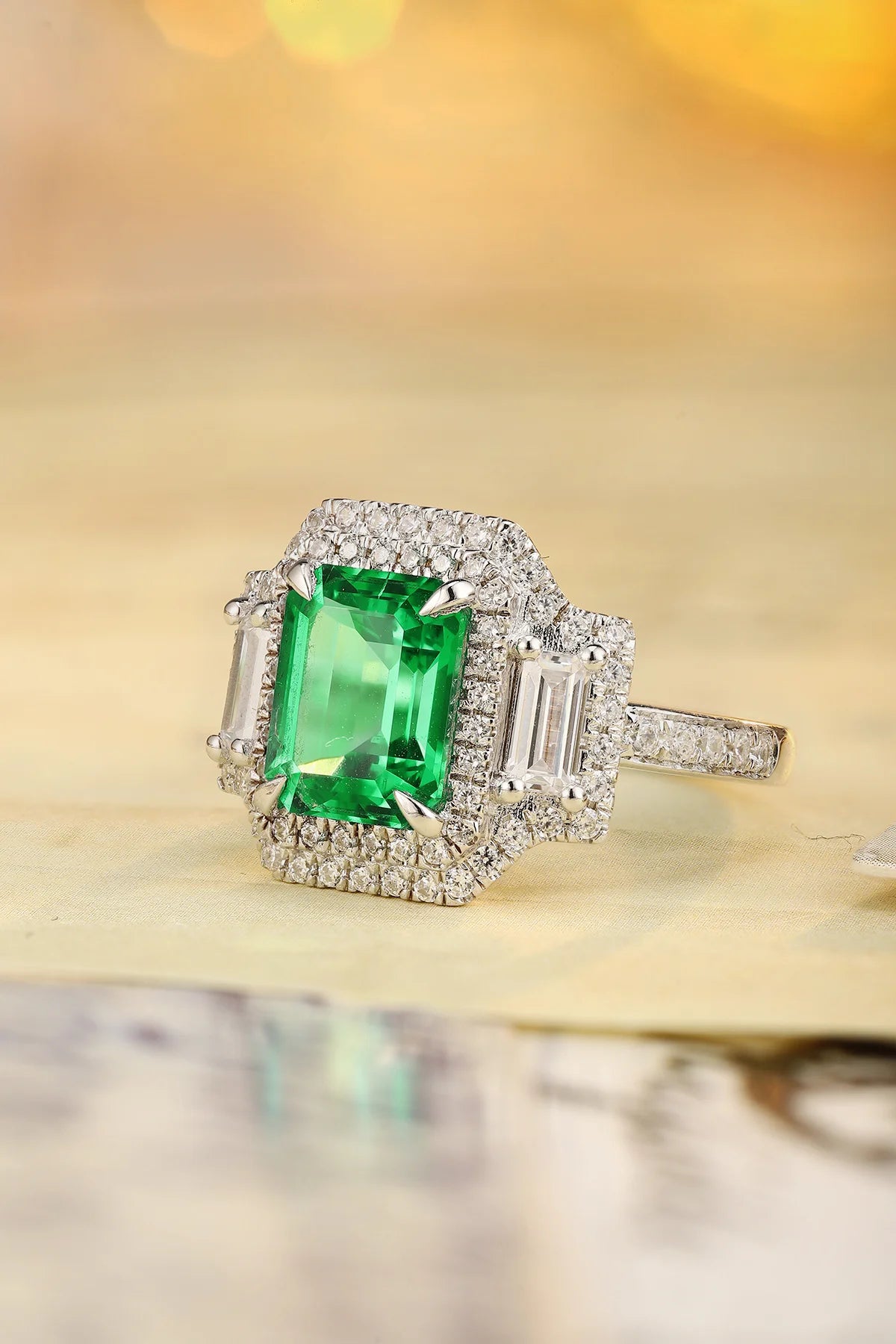 Gemfiori Custom 925 Sterling Silver Emerald Cut Lab Grown Emerald Engagement Ring Lab Created Green Emerald Jewelry