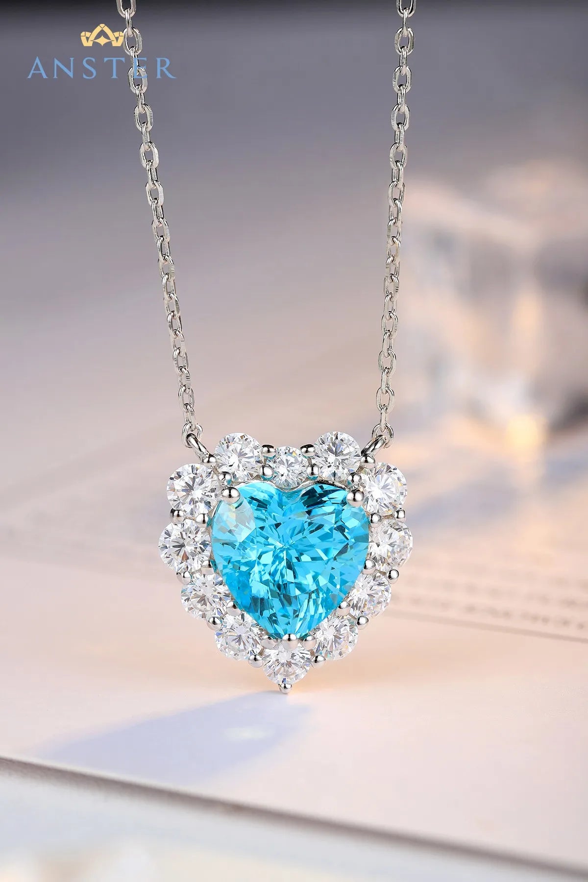 Gemfiori ANSTER Lab Grown Heart Cut Paraiba Necklace for Women 925 Sterling Silver Link Chain Pendant Necklace for Gift Party Anniversary