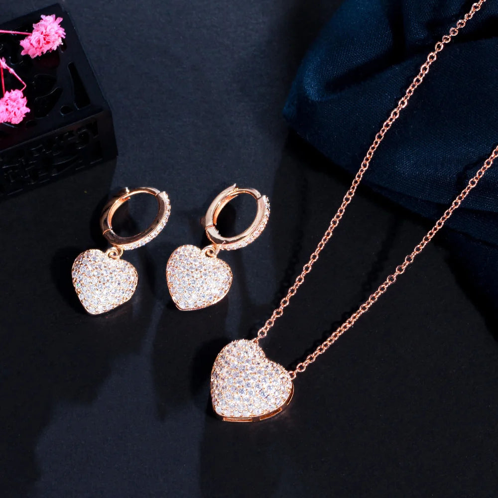 S&S Heart CZ Necklace & Earrings Set – White, Red, Blue & Green – Gold Plated – Collection