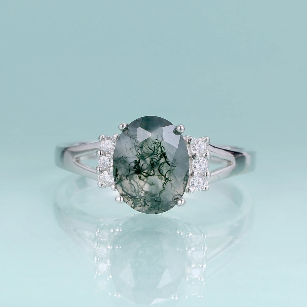 ArtistA Abiding Plated Silver 925 Natural Stone Ring Fancy Cut Natural Inspired Moss Agate Engagement Ring for Anniversary Bridal
