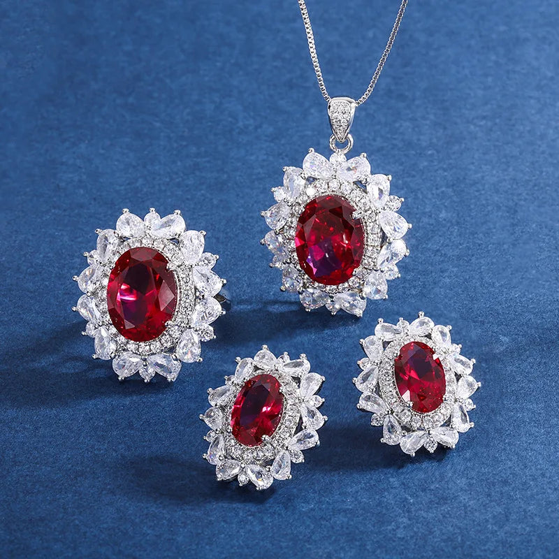 Gemfiori New Temperament Blue Rhinestone Zircon Jewelry Inlaid Vintage Earrings Ring Shiny Delicate Round Flower Necklace for Women Gifts