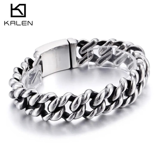 KALEN 316L Stainless Steel Heavy Silver Bracelet Bangle Men High Polish Biker Unique Chain Bracelets Jewelry