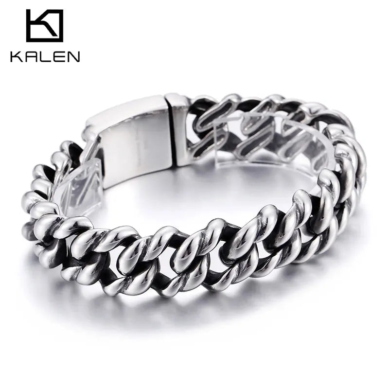 KALEN 316L Stainless Steel Heavy Silver Bracelet Bangle Men High Polish Biker Unique Chain Bracelets Jewelry