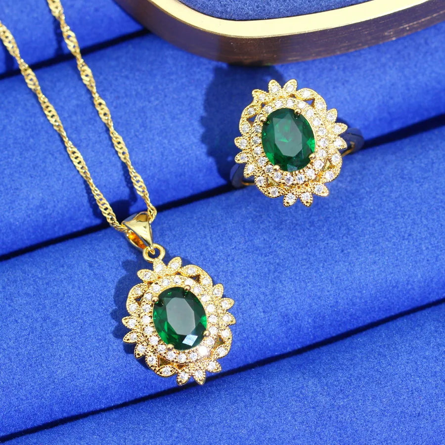 XOTICA Women's Gold Plated Classic Style Jewelry Set with Green Zircon Includes Earrings Necklace Pendant Ring for Wedding or Party