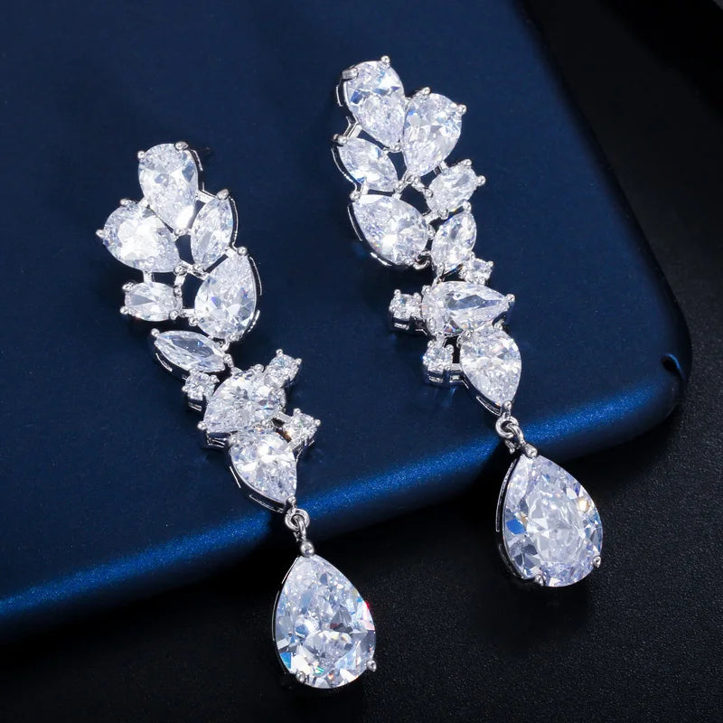 Designer Multicolor Green Red Yellow Cubic Zircon Leaf Flower Dangle Water Drop Long Earrings for Ladies Wedding Party Jewelry