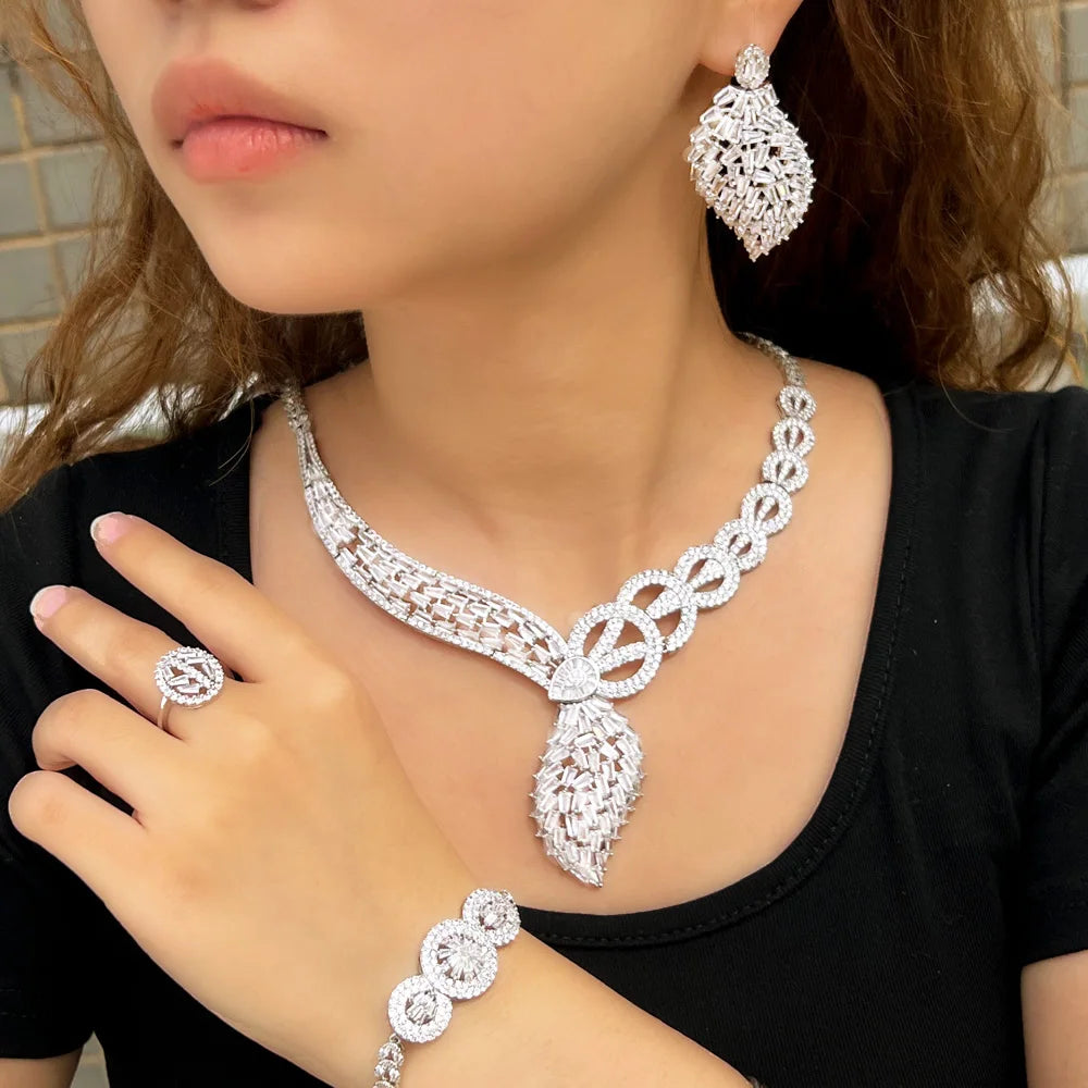 Sparking White Cubic Zirconia African Middle East Chunky Luxury Bridal Jewelry Set for Women Wedding Engagement Dress Accessory