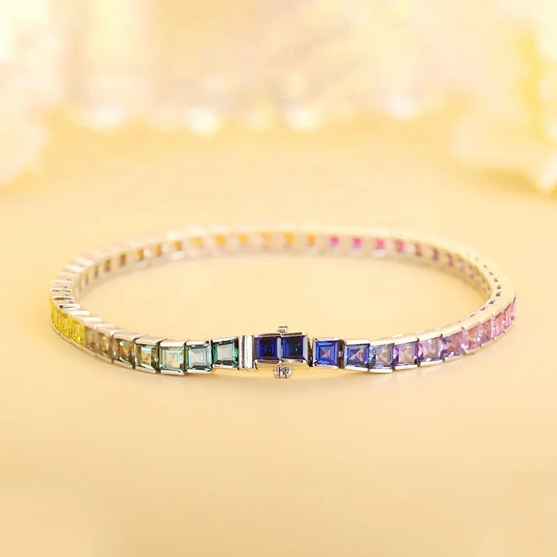 Gemfiori Anster Factory Price Trendy Princess Shape Mian Stone 8.45ct S925 Jewelry Sapphire Tennis Bracelet for Women Shape Customized