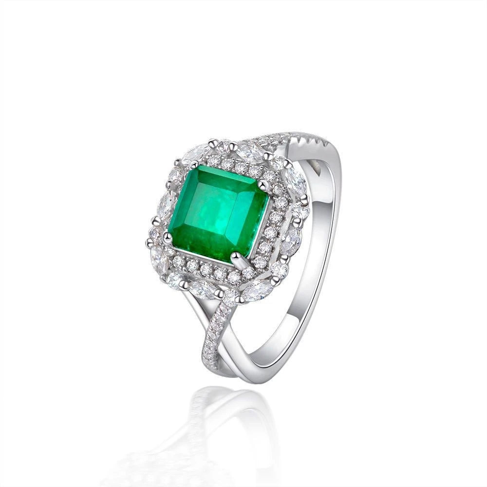 MuShan Jewelry Factory Pure Silver 2ct Synthetic Emerald 7*7 Diamond Ring European and American High Carbon Diamond Ring