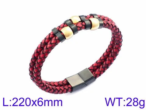 KALEN Trendy Braided Black Cowhide Leather and  Stainless Steel Bracelet Men Double Chain