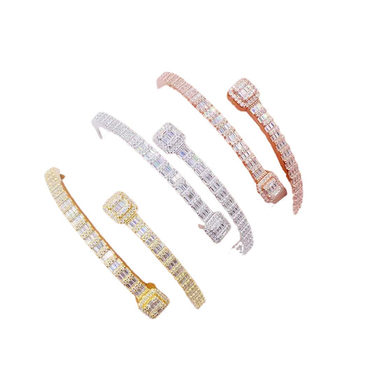 Hop Style Men's Women's 925 Sterling Silver Iced VVS Baguette Moissanite T Square Cuban Link Bracelet Bangle Set