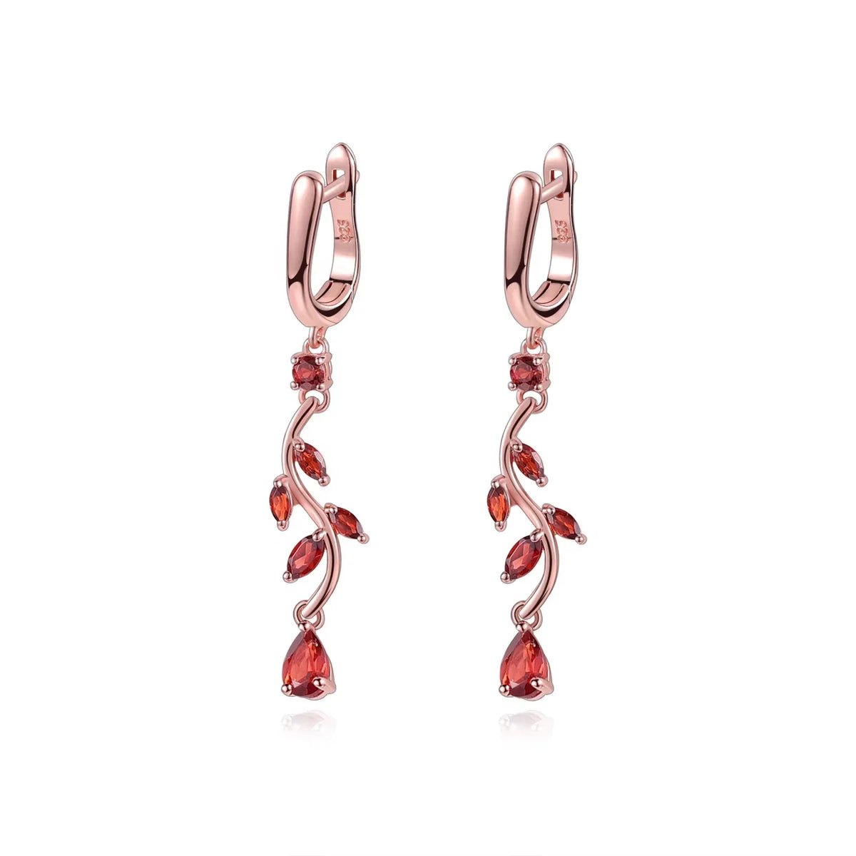 ArtistA A2142 Abiding Fashion Chic Real 925 Silver Rose Gold Plated Natural Garnet Leaf Flower Branch Dangle Drop Earrings Pendant Charm