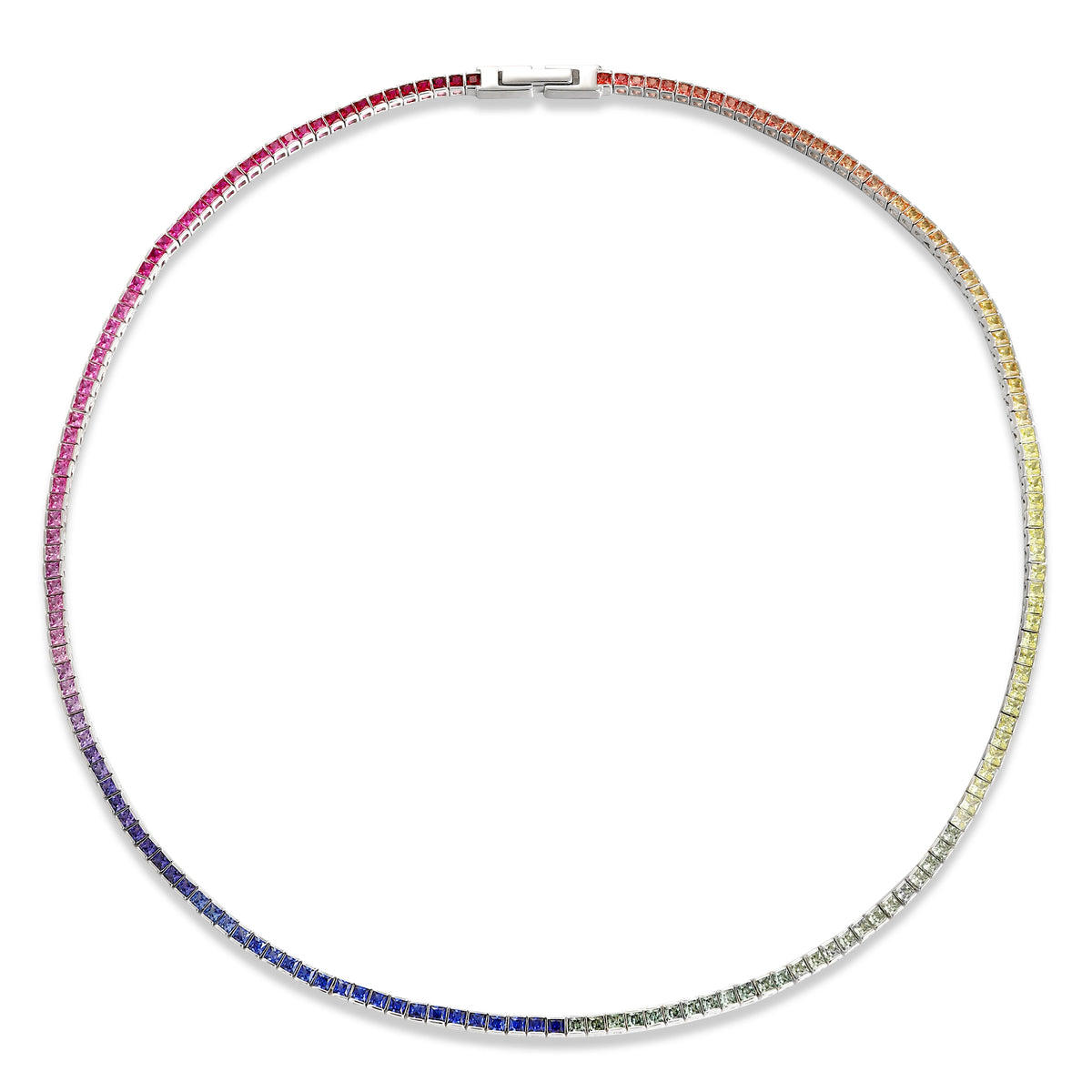 Gemfiori Custom S925 Sliver Rainbow Color Lab Grown Sapphire Tennis Necklace 2*2mm Princess Cut Gradient Rainbow Gemston Fashion Design