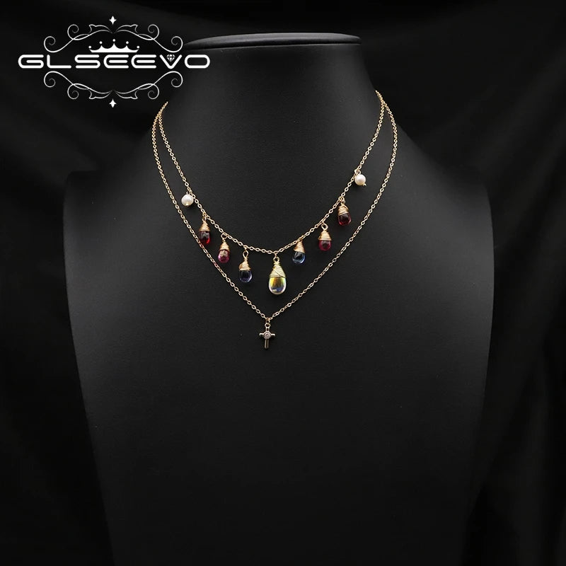 Colorful Crystal Freshwater Pearl Zircon Cross Double Layer Necklace Gold Plated Chain Removable Bridal Necklace Jewelry