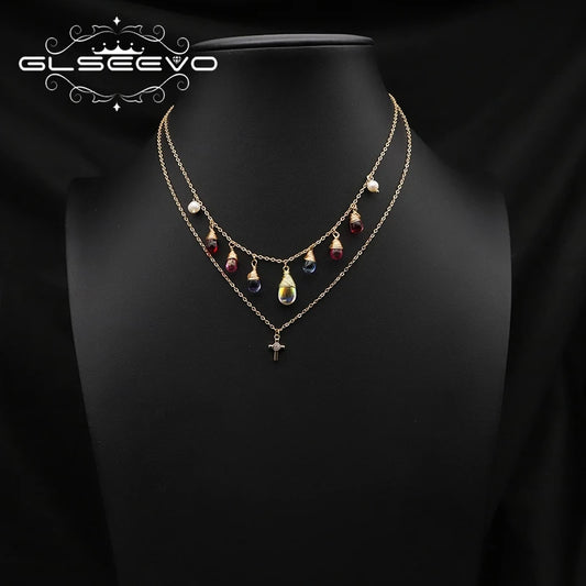Colorful Crystal Freshwater Pearl Zircon Cross Double Layer Necklace Gold Plated Chain Removable Bridal Necklace Jewelry