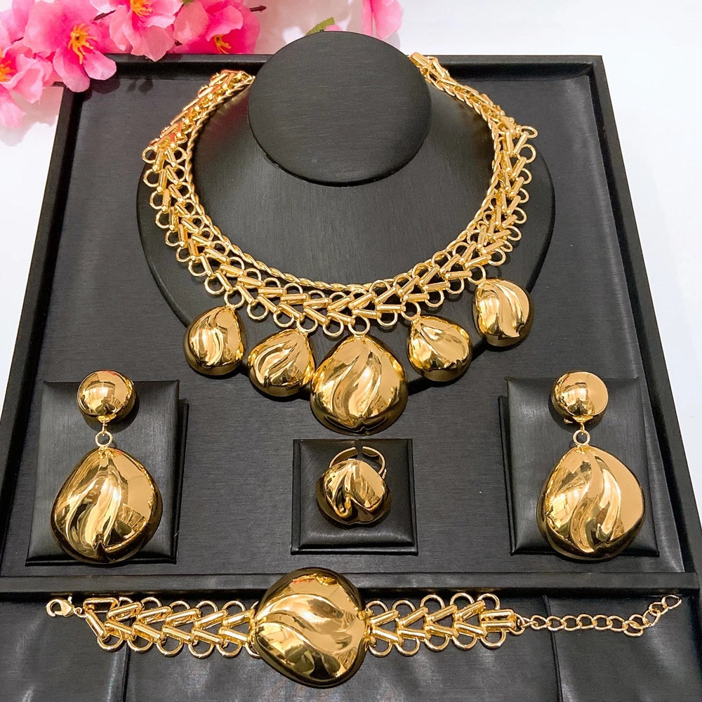 Luxury Brazilian Gold Jewelry Set Necklace Bracelet Earrings Ring Four-Piece Sets Leaves Water Droplets Wedding Jewellery Set