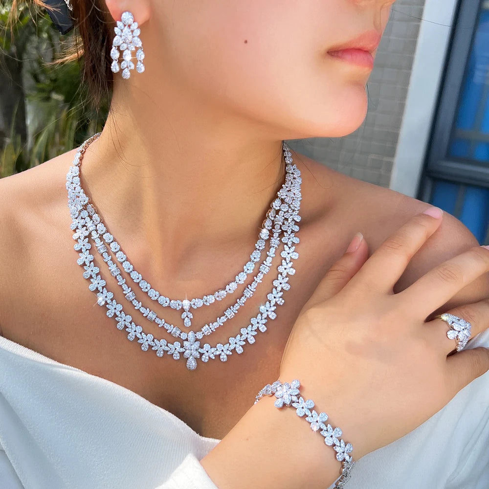 4pcs Luxury Multi Layered Triple 3 Layers Flower Necklace Earrings Tassel Middle East Bridal Wedding Big Jewelry Set for Women